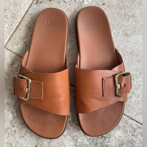 UGG Cognac Leather Buckle Slide Sandals